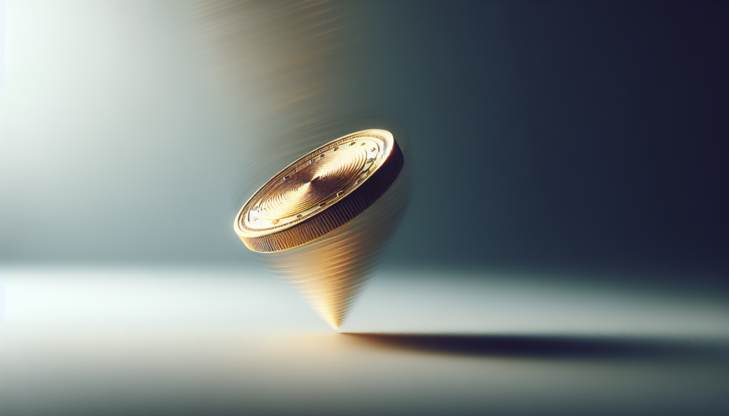 A golden coin spinning rapidly on its edge against a gradient background, casting a shadow and creating a blurred motion effect.