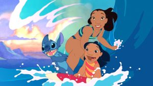 An animated girl, woman, and blue alien surf together on a wave against a tropical backdrop.