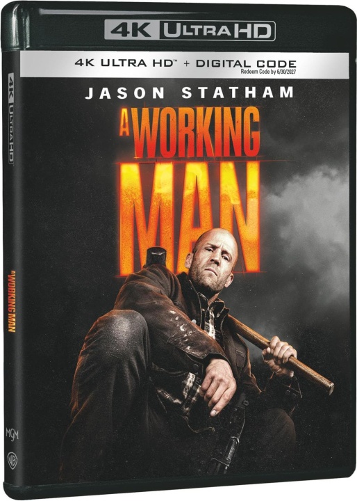 4K Ultra HD cover for the movie "A Working Man" featuring Jason Statham sitting with a serious expression, holding a gun, against a dark background with bold orange title text.