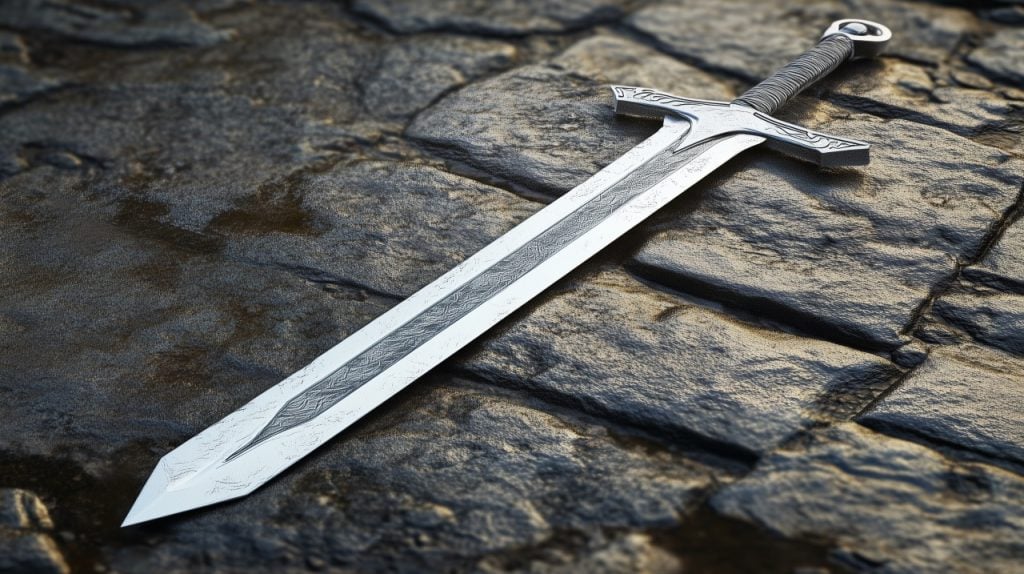 A large, silver sword with detailed engravings lies on a textured stone surface.