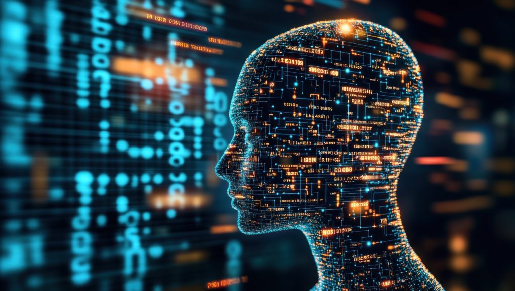 A digital human head silhouette filled with circuit-like patterns and data points, set against a background of abstract technology and code.