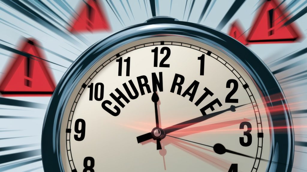 A clock face with the words "CHURN RATE" instead of numbers, surrounded by red warning symbols and motion lines, representing urgency or concern about churn rate.