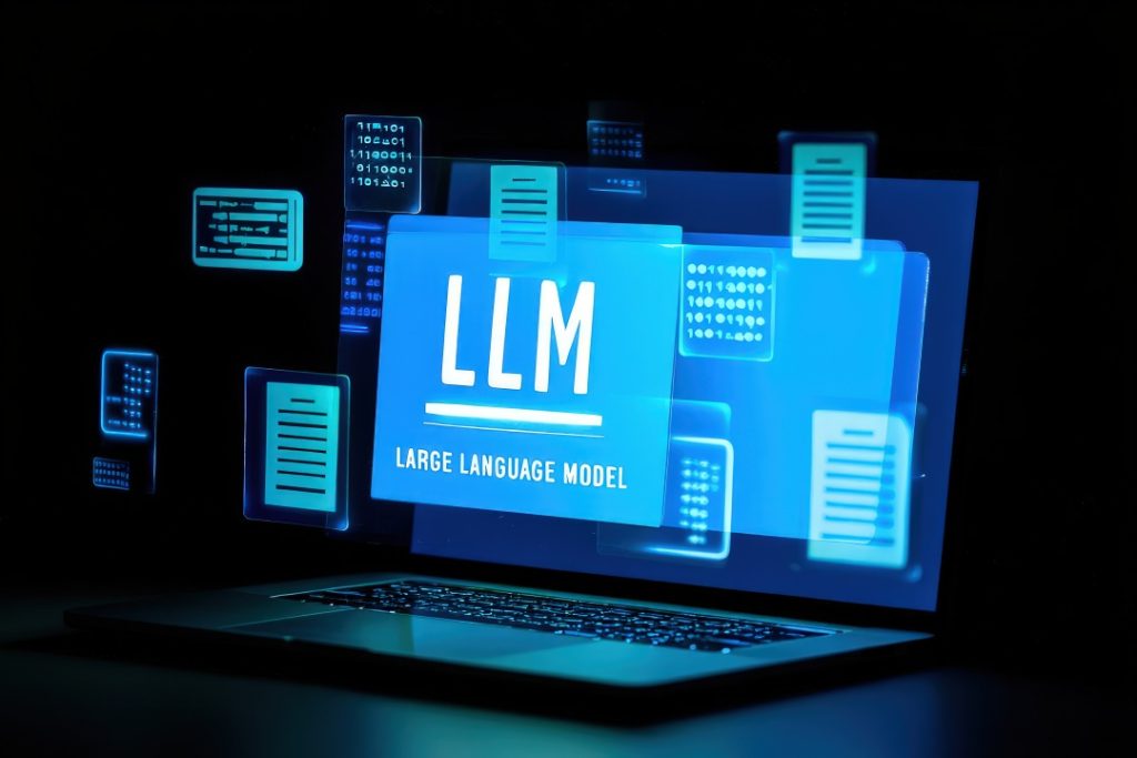 A laptop screen displays the text "LLM Large Language Model" surrounded by floating digital document icons against a dark background.
