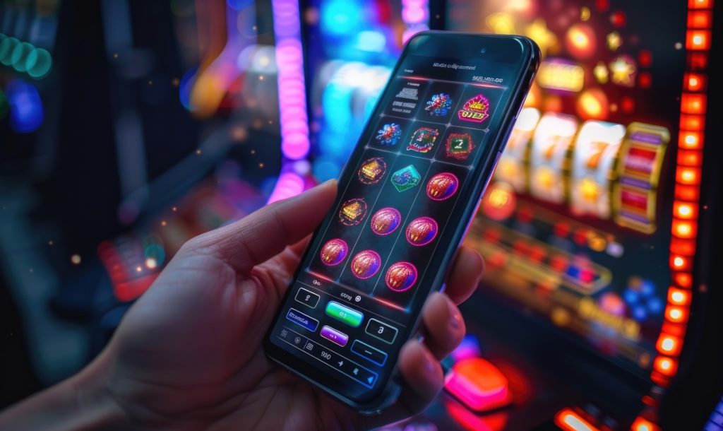 A person holding a smartphone displaying a digital slot machine game, with physical slot machines and colorful lights visible in the background.