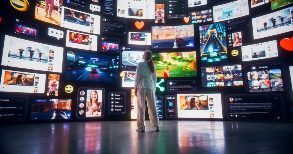 A person stands in a dark room surrounded by large, curved digital screens displaying various social media posts, images, videos, and icons.