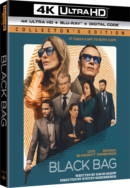 Movie cover for "Black Bag," Collector's Edition. Features a group of serious individuals in formal attire against an abstract backdrop. Includes text about 4K Ultra HD and cast details.