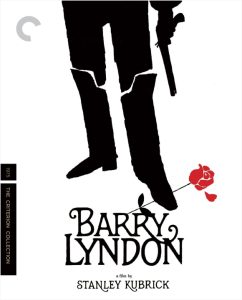 Black silhouette of a man's lower body holding a pistol, with a red rose at his feet. Text reads "Barry Lyndon, a film by Stanley Kubrick. The Criterion Collection.