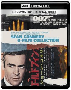 4K Ultra HD box set cover showing "Sean Connery 6-Film Collection" from the James Bond series, featuring film titles and Sean Connery’s face.