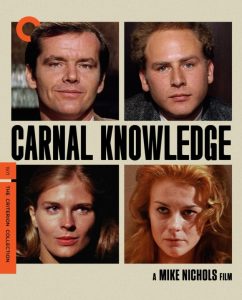 Criterion Collection cover for the film "Carnal Knowledge," featuring headshots of Jack Nicholson, Art Garfunkel, Ann-Margret, and Candice Bergen.