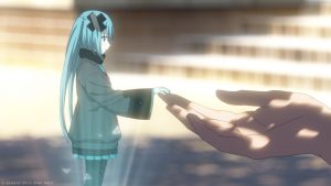 A small holographic girl with blue hair and a black outfit reaches out to a large human hand in a sunlit setting.