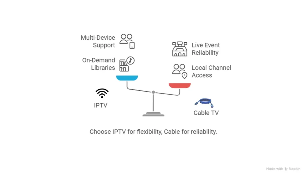 Illustration comparing IPTV and Cable TV. IPTV offers multi-device support and on-demand libraries. Cable TV provides live event reliability and local channel access.