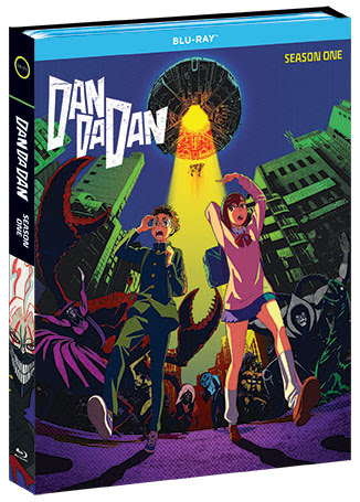 Cover art for "Dandadan" Season One Blu-ray. Features two startled characters beneath a UFO, surrounded by aliens and colorful buildings.