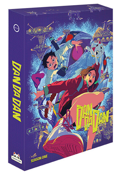 Box cover of "Dan Da Dan" Season One, featuring animated characters in dynamic poses among futuristic and urban elements.