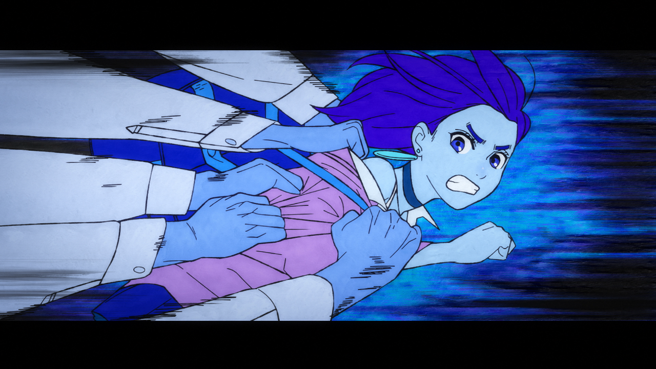 Illustration of a determined woman running, with multiple blue hands reaching towards her against a dynamic blue background.