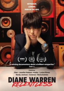 A person sits at a desk with speakers in the background, head resting on hands. Text promotes the documentary "Diane Warren: Relentless" and lists featured artists.