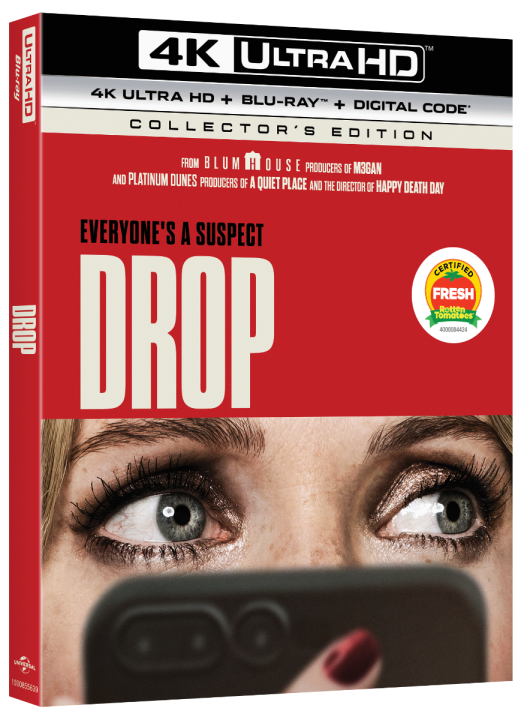 A red 4K Ultra HD movie box for "Drop" shows a close-up of a woman's eyes and hands holding a phone, with the tagline "Everyone's a suspect" above the title.