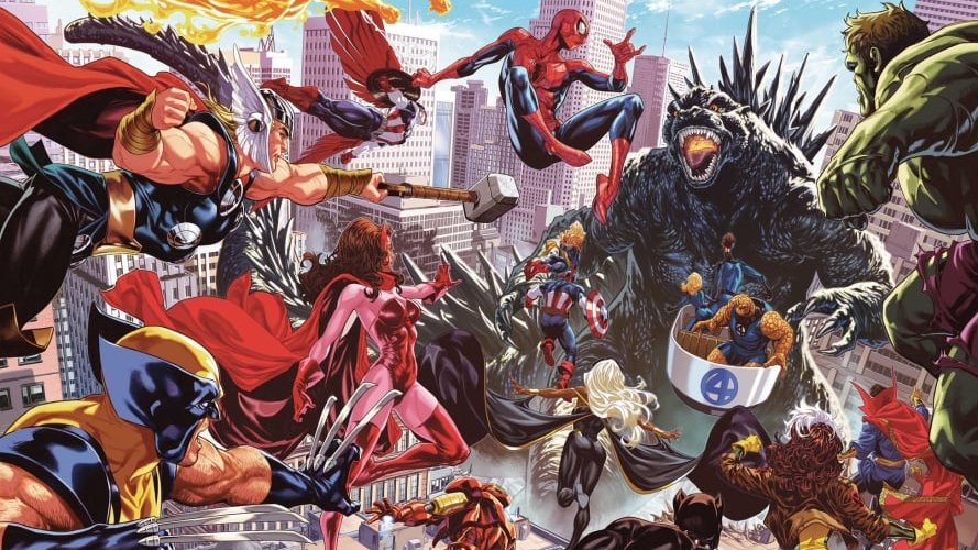 Comic-style illustration of superheroes, including a hammer-wielding character, a web-swinging individual, and others, in a dynamic cityscape battle against a giant monster and other figures.