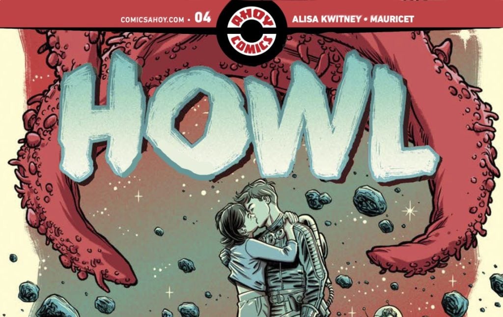 A couple in spacesuits kisses while floating among rocks, with large red tentacles and the word "HOWL" in large letters above them.