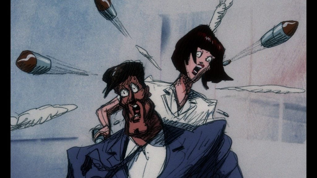 A cartoon man and woman in business attire appear frightened as bullets with wings fly past them in a sketchy animation style.