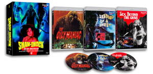 Collection of four horror Blu-ray movies: "Shaw Shock," "The Oily Maniac," "Beware of a Ghost," and "Sex Beyond the Grave," with associated discs.