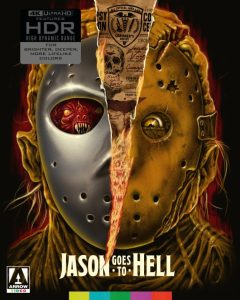 Split image of Jason Voorhees’ hockey mask revealing a demonic face on the left and a coroner’s report on the right; text reads “Jason Goes to Hell.”.