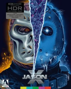 Poster for "Jason X" showing a split image of Jason Voorhees' face, with one half in a traditional hockey mask and the other half as a futuristic, robotic version.