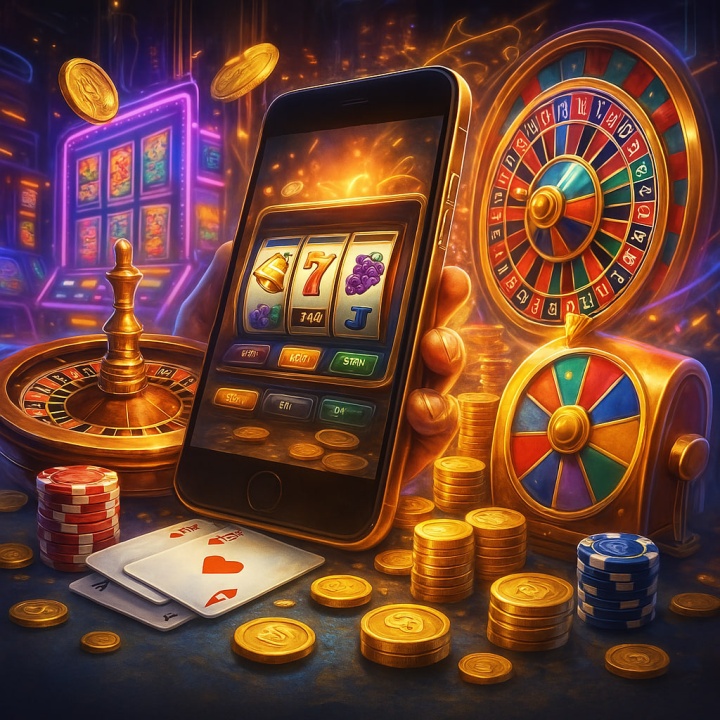 A smartphone displays a slot machine game surrounded by casino elements: roulette wheels, poker chips, cards, and coins, set against a vibrant, colorful background.