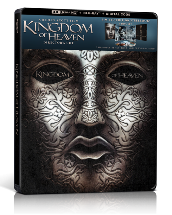 Blu-ray steelbook cover of "Kingdom of Heaven: Director's Cut," featuring an engraved mask design. Text promotes the limited edition with 4K Ultra HD, digital code, and bonus materials.