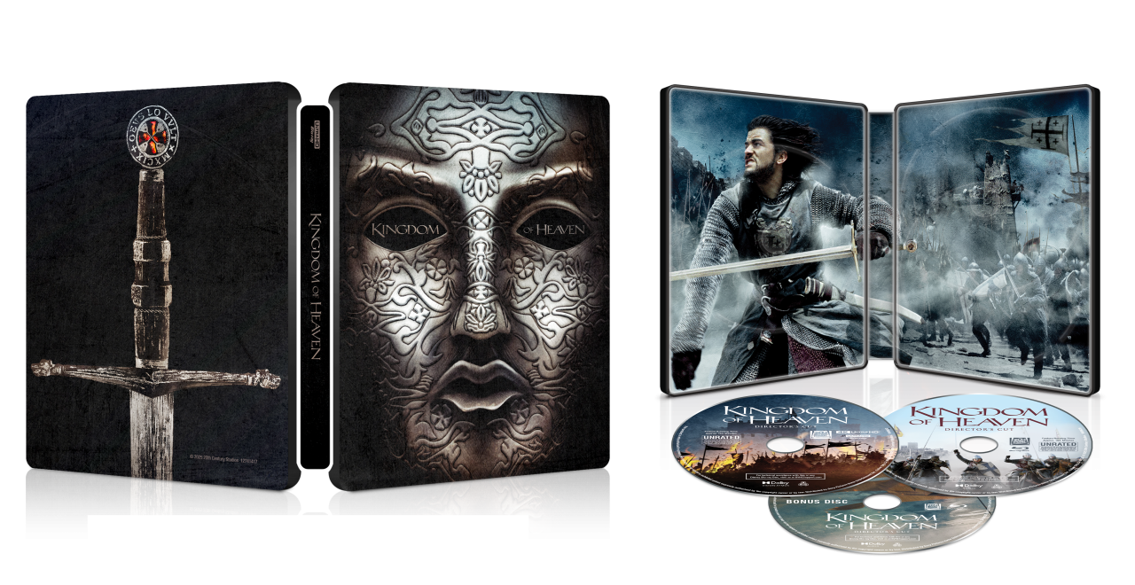 Box set of "Kingdom of Heaven" featuring a sword and mask design on the cover, open to show two discs inside with film artwork, and three discs displayed in front.