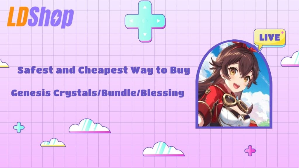 A promotional graphic for LDShop featuring an anime-style character, a "LIVE" tag, and text about buying Genesis Crystals, bundles, or blessings.