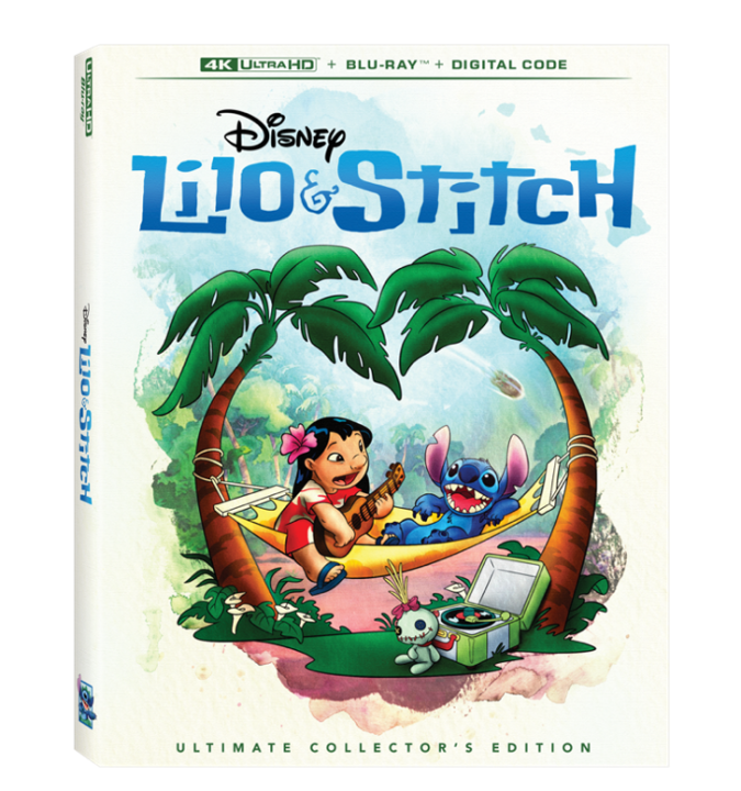 Cover of "Lilo & Stitch" Ultimate Collector's Edition showing Lilo playing guitar and Stitch sitting in a hammock between palm trees. Includes 4K Ultra HD, Blu-ray, and digital code.