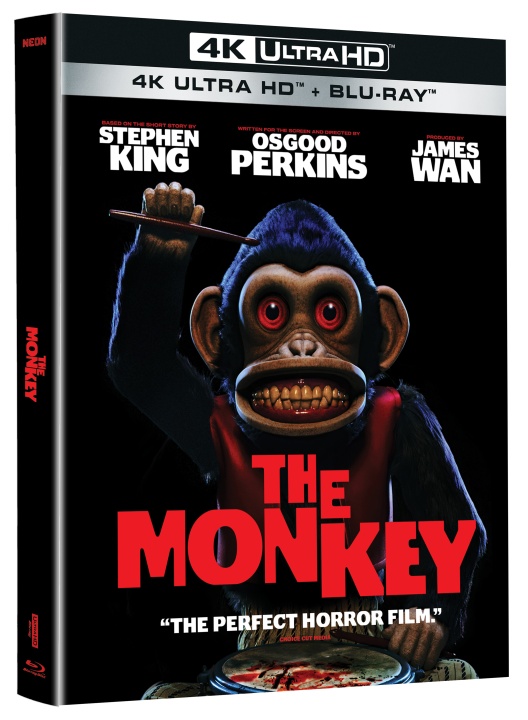 Cover of "The Monkey" 4K Ultra HD and Blu-Ray, featuring an animated monkey holding a cymbal, with the names Stephen King, Osgood Perkins, and James Wan at the top.