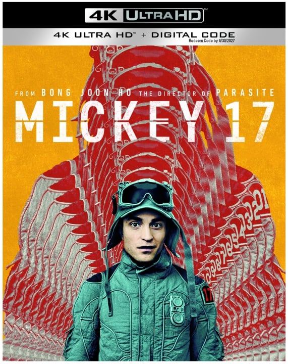 A person in a green jacket and goggles stands in front of a red, artistic, wave-like design. Text reads: "Mickey 17," featuring 4K Ultra HD branding.