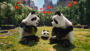Two large pandas and a small panda sit on grass surrounded by greenery. Red hearts float above them.