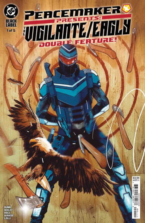 Comic book cover: Peacemaker and eagle in front, surrounded by knives. Text reads "Peacemaker Presents: The Vigilante/Eagly Double Feature!" DC Black Label.