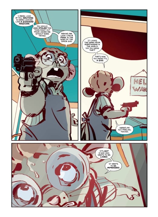 A cartoon animal character in an apron points a gun and shouts inside a shop. The next panels show the character from behind and a close-up of spilled coffee and eyes on the floor.