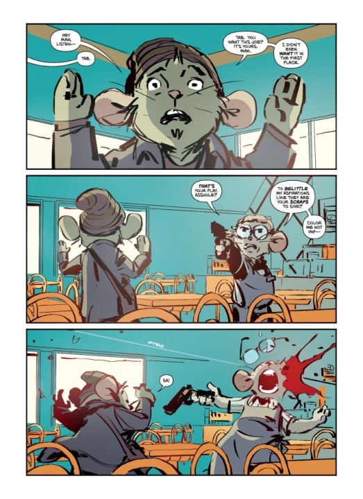 A startled mouse character raises its hands while another mouse character points a gun and shoots, causing blood to spurt out in a classroom filled with empty chairs.