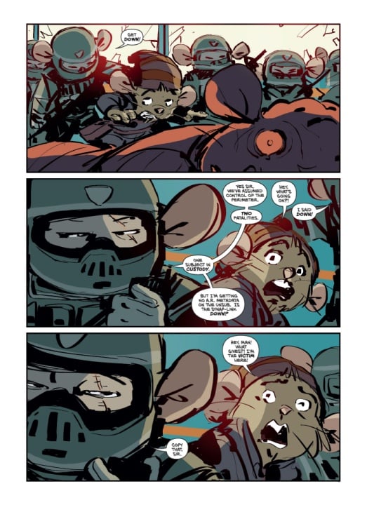A group of armored soldiers restrain a scared mouse character, who is questioned and appears anxious while responding to their inquiries.