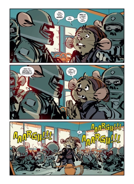 Three comic panels show armored mice confronting a worried mouse. The crowd erupts in chaos, shouting "AARGH!!!" as the situation escalates.