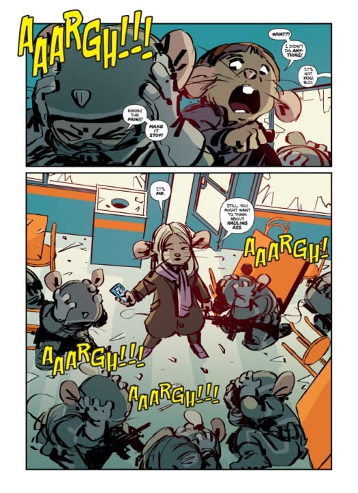 Two comic panels show anthropomorphic mice; in the first, a mouse screams in fear among armed mice, and in the second, a calm mouse holding a phone stands as others panic and shout.
