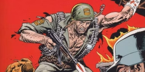 A muscular soldier in a helmet and uniform charges forward with a rifle, ammo belts, and a stern expression, set against a red background with flames.