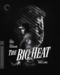 Black-and-white movie poster for "The Big Heat" featuring a man in a hat and a large shadowy face; text includes cast, title, and director Fritz Lang.