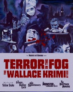 Collage-style illustrated movie poster with dramatic scenes, blood splatters, and London landmarks; title reads "Terror in the Fog: The Wallace Krimi at CCC.