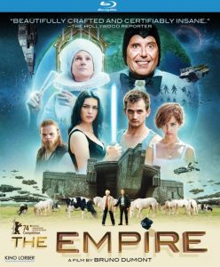 Blu-ray cover of "The Empire" featuring five main characters, sheep, UFOs, and spaceships, with a sci-fi theme and film credits at the bottom.