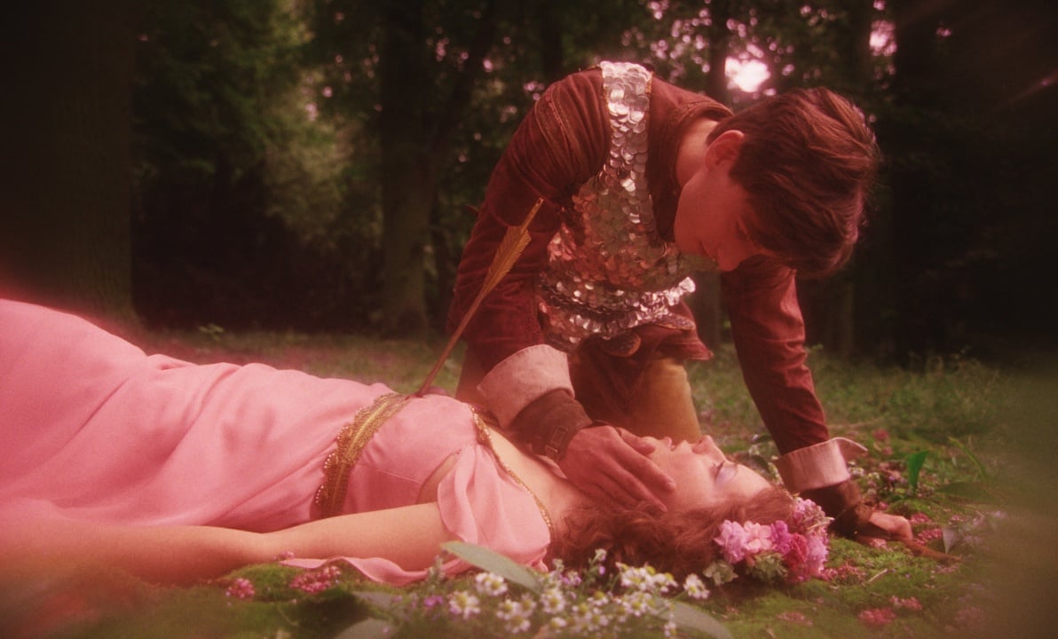 A person in armor kneels over another person in a pink dress, gently holding their face, in a forest setting surrounded by flowers.
