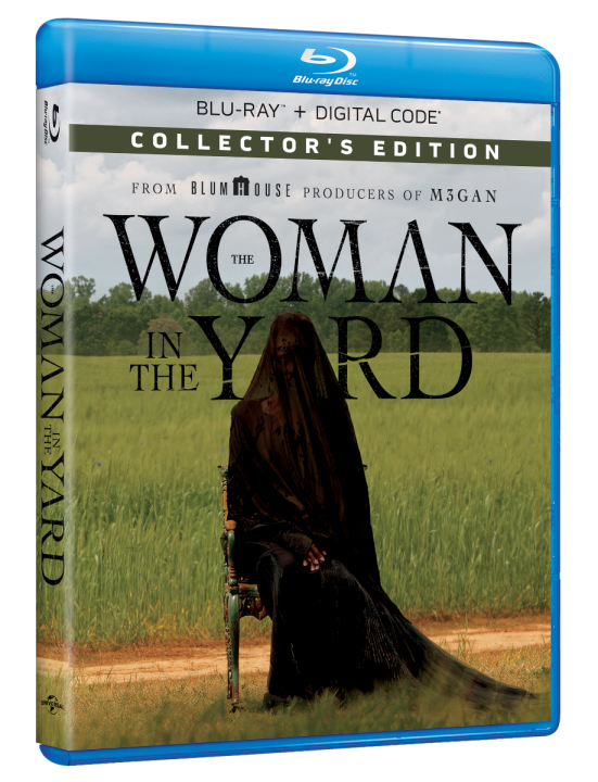 Blu-ray cover for "The Woman in the Yard" Collector's Edition, featuring a veiled figure in black sitting on a chair in a grassy field.