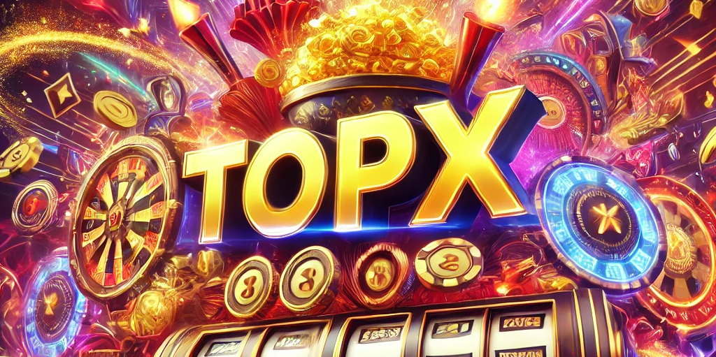 A colorful casino-themed image with the words "TOP X" in bold letters, surrounded by slot machines, coins, chips, and casino symbols in a vibrant, energetic background.