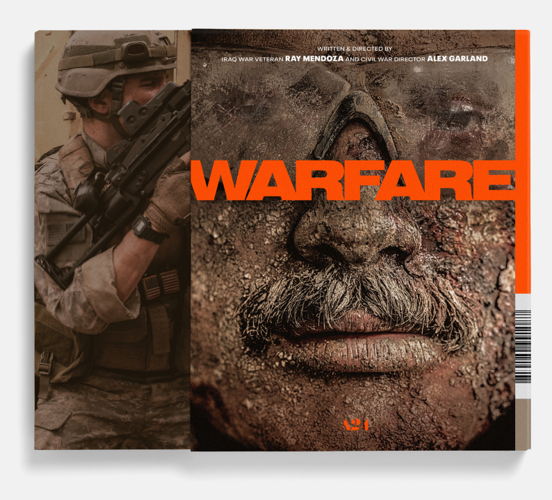 A soldier holding a rifle is partially visible behind a movie poster featuring a close-up of a dirt-covered face with the bold title "WARFARE" in orange letters.