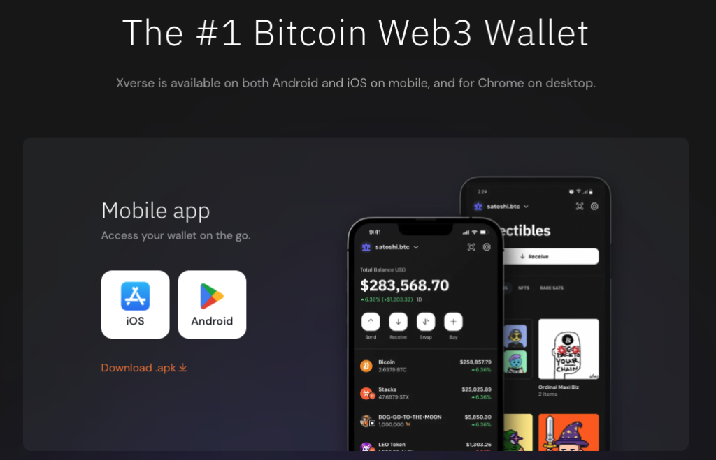 A promotional graphic for a Bitcoin Web3 wallet shows mobile app icons for iOS and Android, and two smartphones displaying the wallet’s interface and digital collectibles.