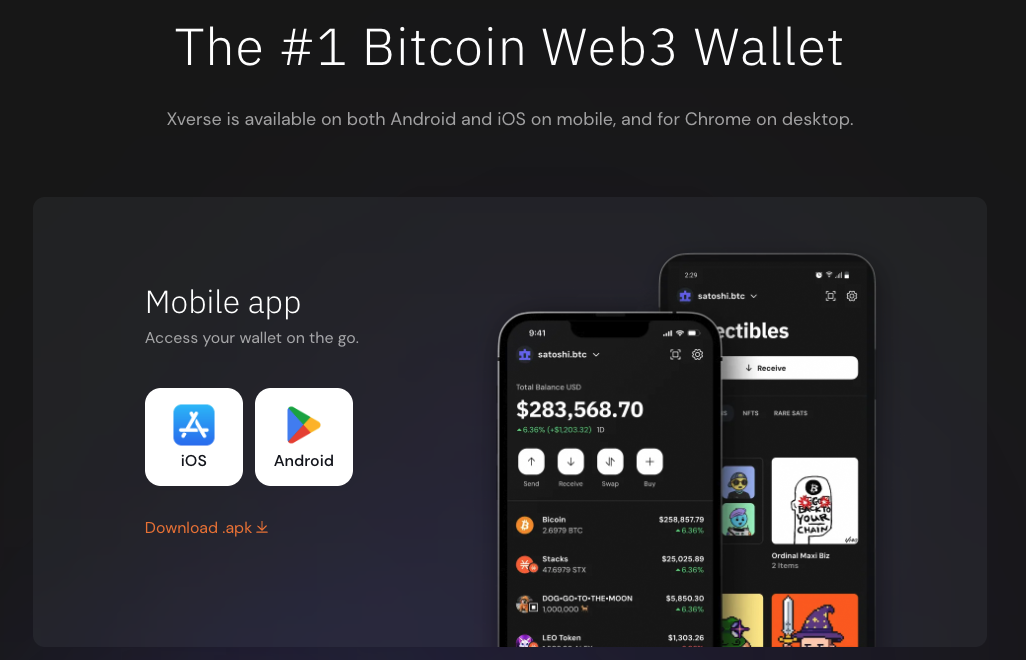 A promotional graphic for a Bitcoin Web3 wallet shows mobile app icons for iOS and Android, and two smartphones displaying the wallet’s interface and digital collectibles.